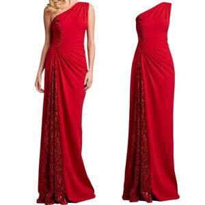 Tadashi Shoji One Shoulder Lace Insert Gown Geranium Red Size 12